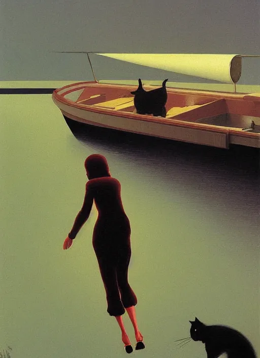 Prompt: woman chasing a cat on a boat Edward Hopper and James Gilleard, Zdzislaw Beksinski, Katsuhuro Otomo highly detailed