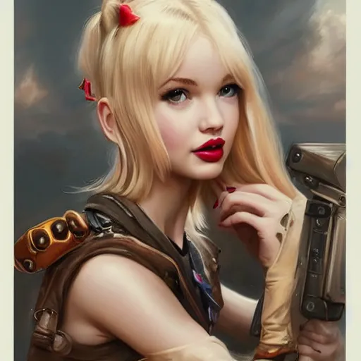 Image similar to dove cameron and taylor swift as tank girl, fantasy, portrait, highly detailed, waist up, low camera angle, digital painting, trending on artstation, concept art, sharp focus, illustration, art by artgerm and greg rutkowski and magali villeneuve