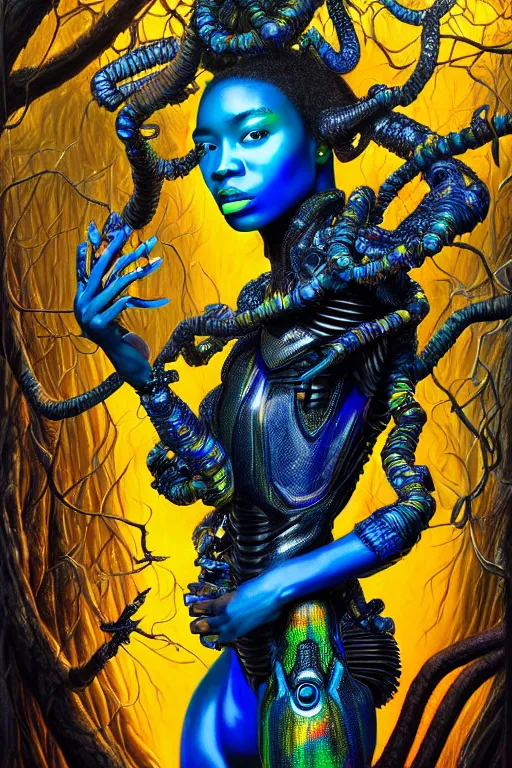 Image similar to hyperrealistic maximalist super expressive! black woman with exoskeleton armor, merging with tree in a forest, highly detailed digital painting masterpiece smooth cam de leon hannah yata dramatic pearlescent blue yellow light ground angle hd 8k sharp focus