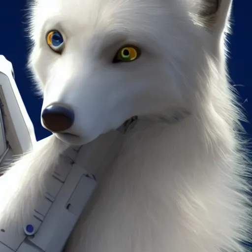 Prompt: anthropomorphic white female wolf, with a left robot arm