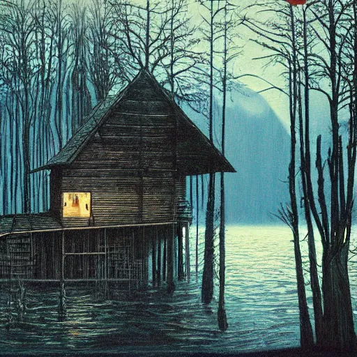 Prompt: cabin in dark forest on the lake, painting by Giger