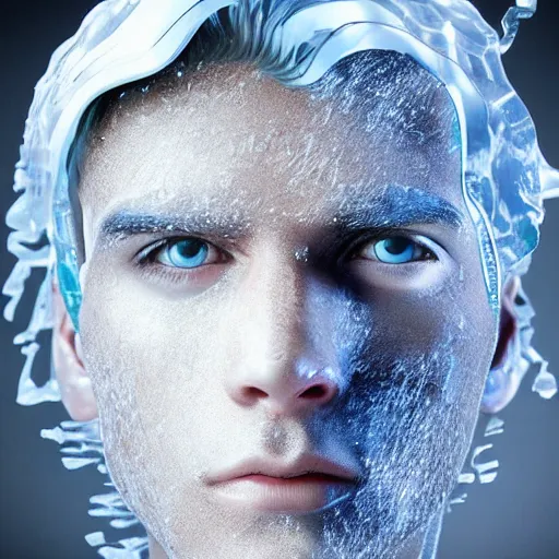 Prompt: man portrait made out of ice, beautiful, cyborg, comic book art, blond hair, neon