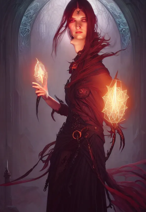 Image similar to Necromancer Sorceress in center, fantasy magic, undercut hairstyle, dark light night, intricate, elegant, sharp focus, illustration, highly detailed, digital painting, concept art, matte, art by WLOP and Artgerm and Greg Rutkowski and Alphonse Mucha, masterpiece