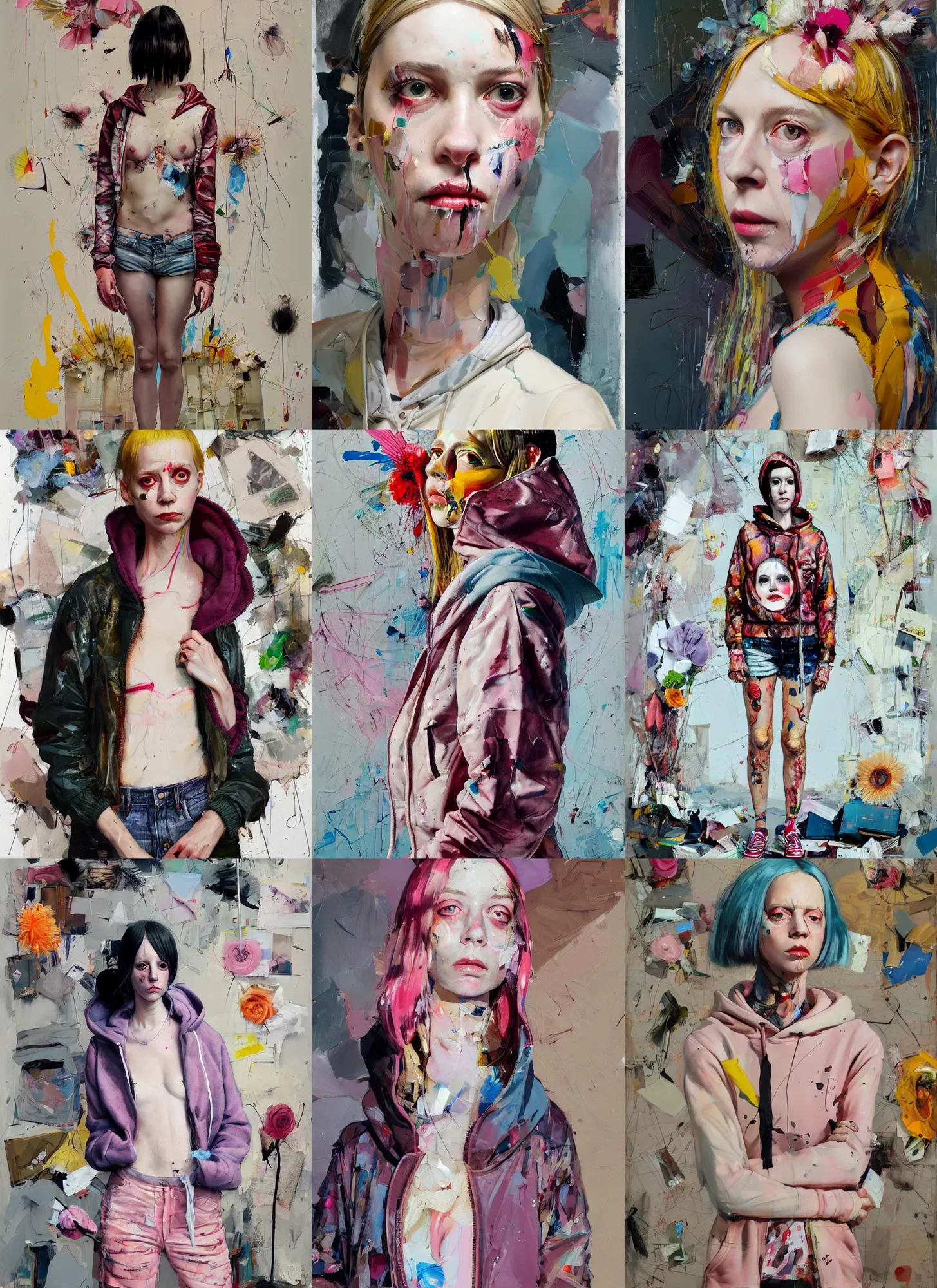 Prompt: margot tenenbaum in the style of martine johanna and! jenny saville!, wearing a hoodie, standing in a township street, street fashion outfit, haute couture fashion shoot, full figure painting by john berkey, david choe, ismail inceoglu, decorative flowers, 2 4 mm, die antwoord ( yolandi visser )