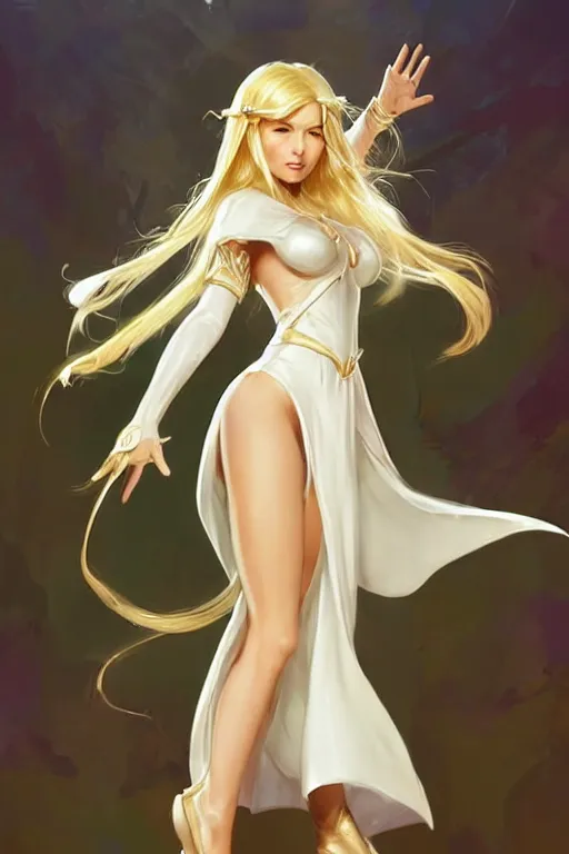 Prompt: Pretty Female Cleric, skintight white robes!, golden details!, church background!, golden hair, green eyes, light brown skin!, detailed face, cute grin!, DND, D&D, low fantasy, by WLOP, Stanley Artgerm Lau, frank frazetta, Rossdraws, James Jean, artgerm, trending on Arstation, artstationHD, artstationHQ, cgsociety, HD 16K, extremely detailed, face details, pose