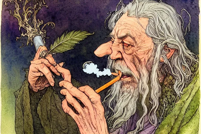 Image similar to a realistic and atmospheric watercolour fantasy character concept art portrait of gandalf with pink eyes lying on his back looking happy and confused and smoking weed out of his pipe with a pot leaf nearby, by rebecca guay, michael kaluta, charles vess and jean moebius giraud