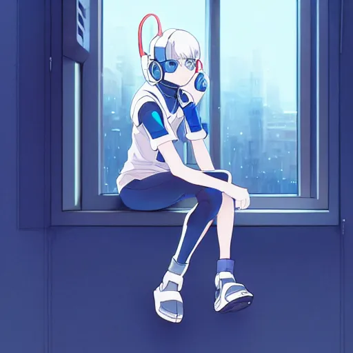 Image similar to cyborg - girl with silver hair, wearing headphones, and sitting on a window sill, highly detailed, painting, dark blue and black color palette, intricate, high quality anime artstyle, in the style of makoto shinkai