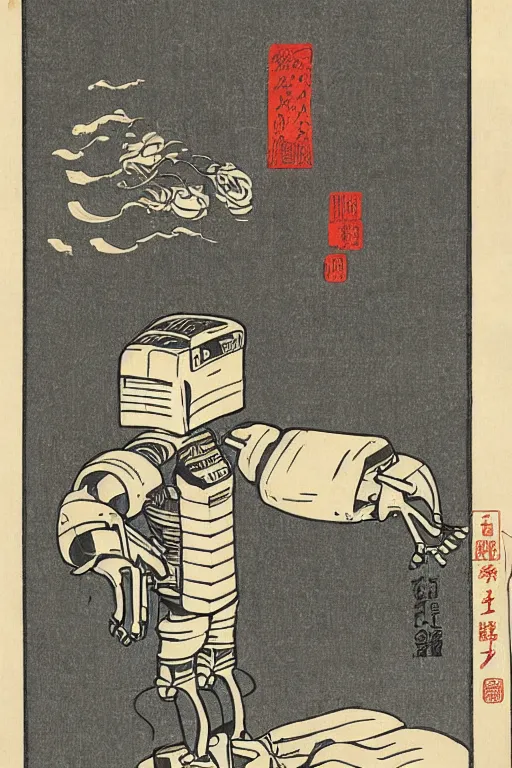 Image similar to Japanese woodblock print of a doomsday robot