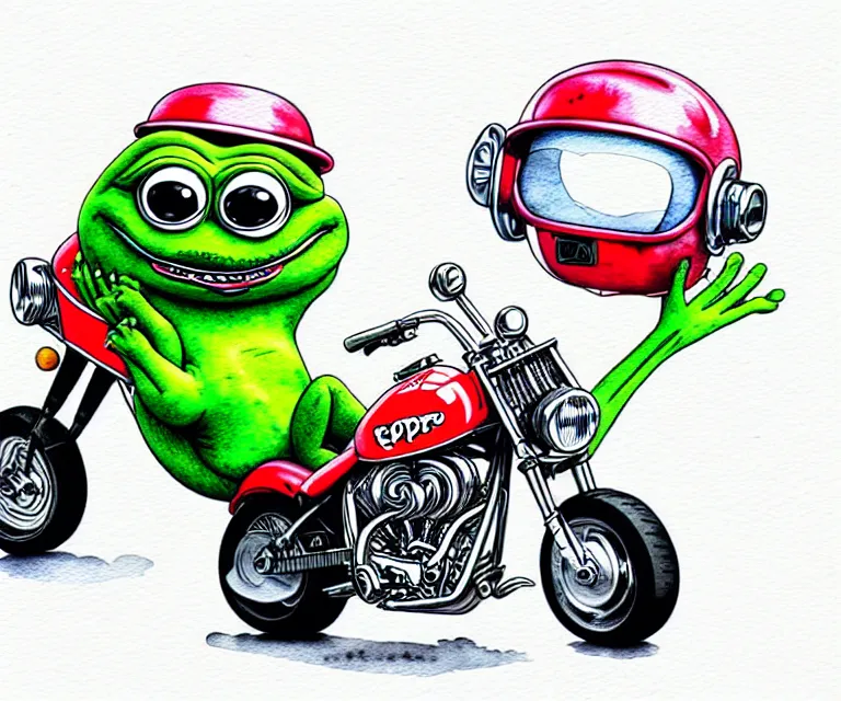 Image similar to cute and funny, closed mouth pepe wearing a helmet riding in a tiny hot rod harley motocrycle with oversized engine, ratfink style by ed roth, centered award winning watercolor pen illustration, isometric illustration by chihiro iwasaki, edited by range murata, details by artgerm