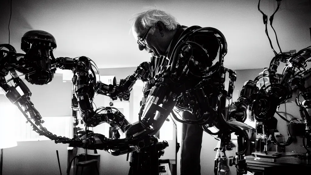 Prompt: bernie sanders putting the finishing touches on a complex magical clockwork doomsday robot, black and white photo, cinematic moody lighting, sharp focus