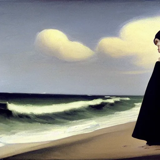 Prompt: obese and ugly Elle Fanning in a black robe holding a skull on the beach, head and shoulders portrait, stormy weather, extremely detailed masterpiece, Roger Deakin’s cinematography, oil on canvas, Edward Hopper,