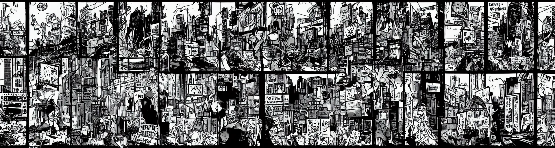 Prompt: a two-panel comic strip of a young punk photographer in an abtract cyberpunk city, heavy clouds, tall buildings, neon lights, underground comix,