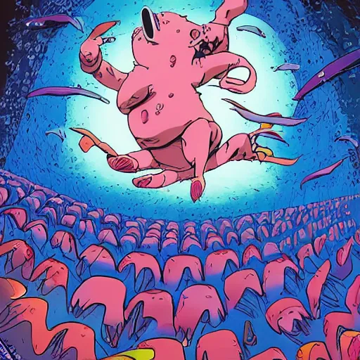 Prompt: trippy comic art of a pig flying with wings in Martin Rowson Tim Burtons style Studio Ghibli by Alex Pardee, Nekro Petros Afshar, James McDermott, unstirred paint, vivid color, cgsociety 4K
