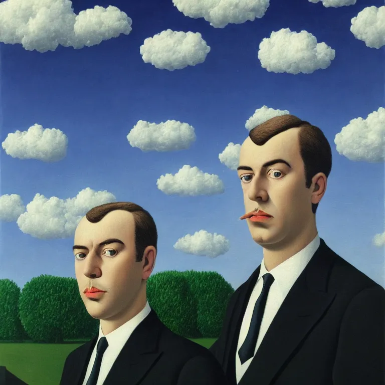 Image similar to portrait of a chrome - faced man in a suit, clouds in the background, by rene magritte, detailed painting, distance, centered, hd, hq, high resolution, high detail, 4 k, 8 k