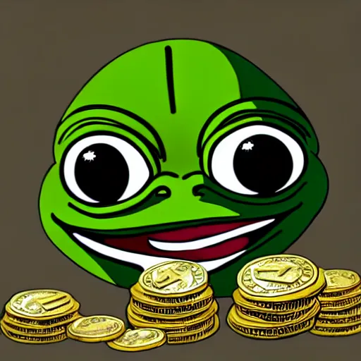 Image similar to super rich happy pepe, coins, gold, crystals, greg rutkowski