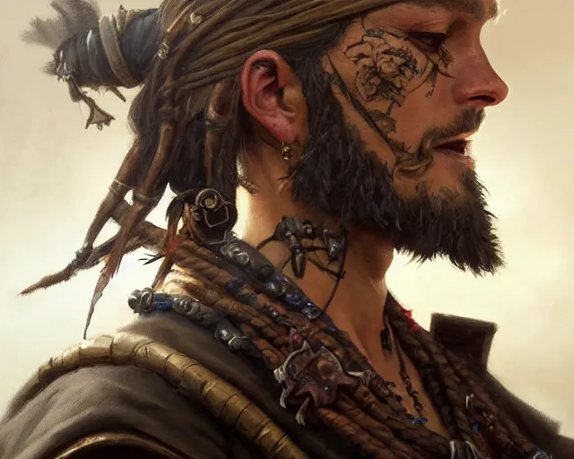 Image similar to close up of a pirate with scars and a face tattoo depicting neural networks and ai, deep focus, d & d, fantasy, intricate, elegant, highly detailed, digital painting, artstation, concept art, matte, sharp focus, illustration, hearthstone, art by artgerm and greg rutkowski and alphonse mucha