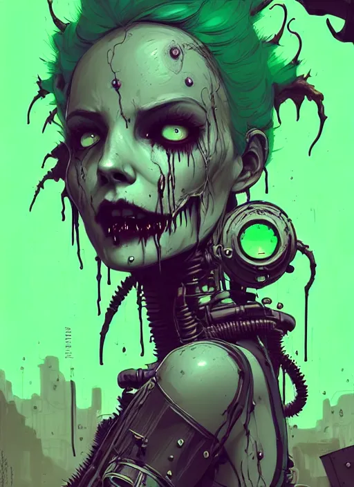 Image similar to highly detailed portrait of an moody wasteland punk long dripping green poison hair tribal zombie lady, stray wiring by atey ghailan, james gilleard, by joe fenton, by greg rutkowski, by greg tocchini, by kaethe butcher, 4 k resolution, gradient purple, brown black and white color scheme!!! ( ( green flaming robotic sewer background ) )