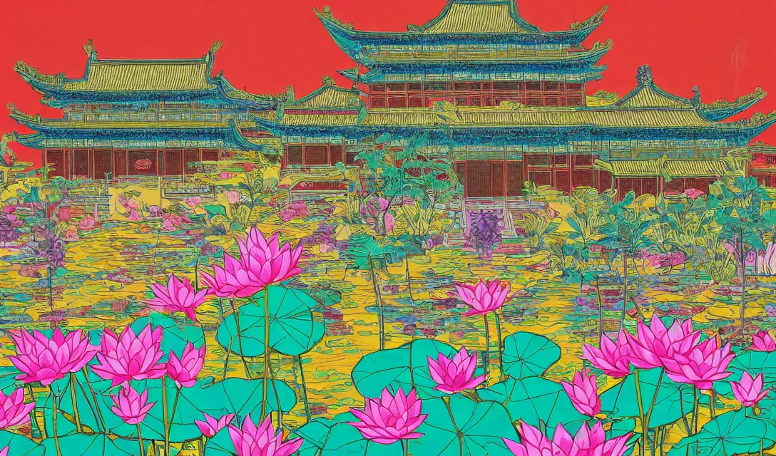 Prompt: detailed close - up image of magnificent chinese palace with a garden and a lotus pond, pop - art style, jacky tsai style, andy warhol style, roy lichtenstein style, rich palette, acrylic on canvas