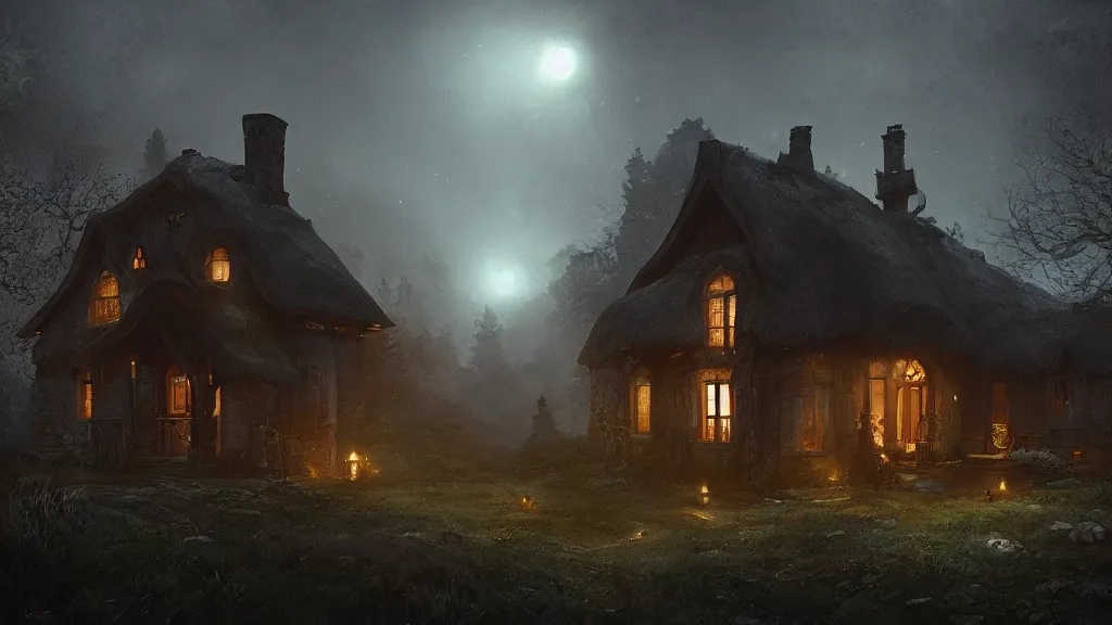 Prompt: A dark shadowy cottage on a hilltop at night, by Bastien LeCouffe-Deharme, hyperrealistic, Cryengine 8k UHD