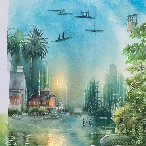 Image similar to Beautiful happy picturesque charming sci-fi town in harmony with nature. Beautiful light. Water and plants. Nice colour scheme, soft warm colour. Beautiful detailed artistic watercolor by Lurid. (2022)