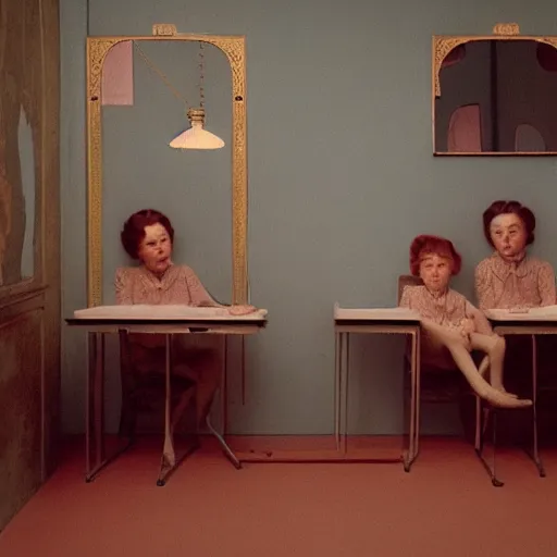 Image similar to twins in an soviet golden liminal abandoned room, film still by wes anderson, depicted by balthus, limited color palette, very intricate, art nouveau, highly detailed, lights by hopper, soft pastel colors