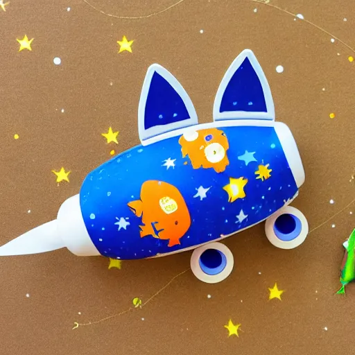 Image similar to a robot cat sitting in a tiny rocket among the stars with a little fish toy in its mouth