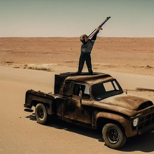 Prompt: a man playing guitar on truck, madmax 4