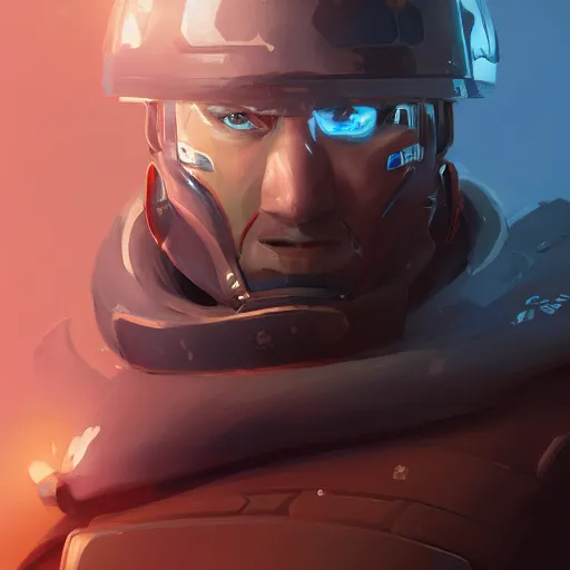 Prompt: Portrait of a futuristic general, LED helm, strong chin, lots of gallons on his jacket, mattepainting concept Blizzard pixar maya engine on stylized background splash comics global illumination lighting artstation lois van baarle, ilya kuvshinov, rossdraws