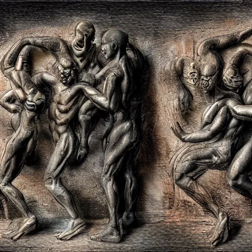 Prompt: evil souls being sculptured by slave renaissance artisans, advanced, fantastic reality, 8 k resolution