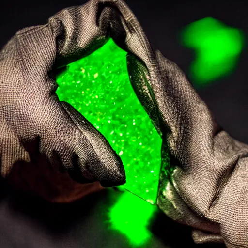 Image similar to a glowing green crystalline shard of kryptonite held in an open black - gloved hand, black background