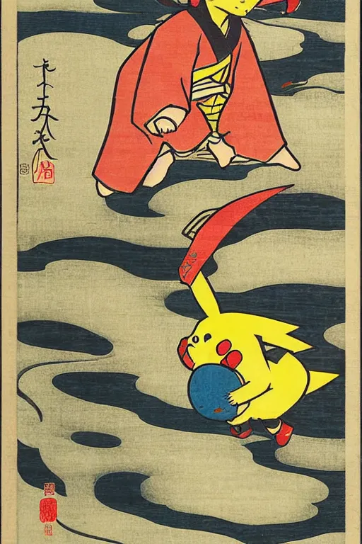 Prompt: Surfing Pikachu, Japanese ukiyo-e ukiyo-ye woodblock print, by Moronobu