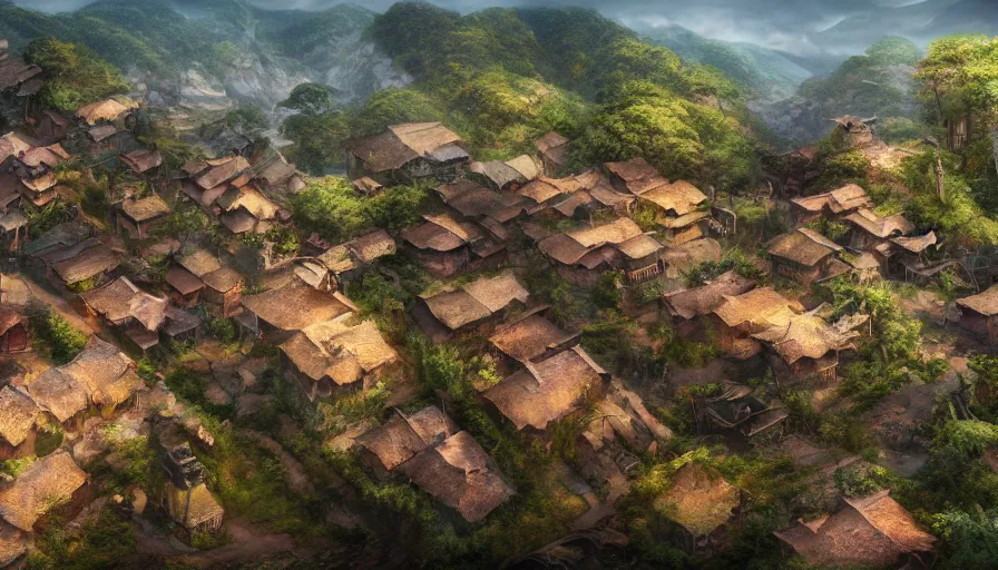Image similar to matte painting of a beautiful tai village, digital art, trending on artstation