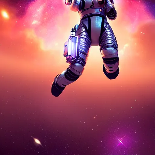 Prompt: a feminine woman in a spacesuit flying through space with galaxies in the back, epic lighting, digital art, vector art, trending on artstation, highly detailed, octane render