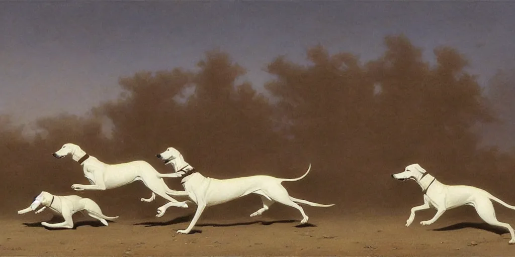 Image similar to white greyhounds running in the night dessert, by john charles dollman