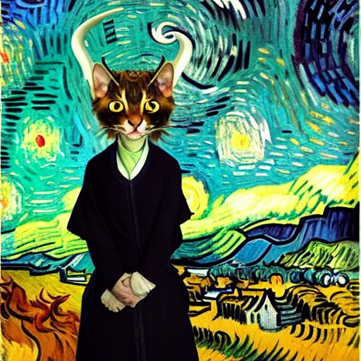 Prompt: a standing cat that has goat horns, anthropomorphic cat wearing dark robes, matte oil painting, by vincent van gogh, eldritch, magical, fog, noble, full body portrait, extremely detailed, cult, ritual, inspiring, award - winning, 4 k, 8 k