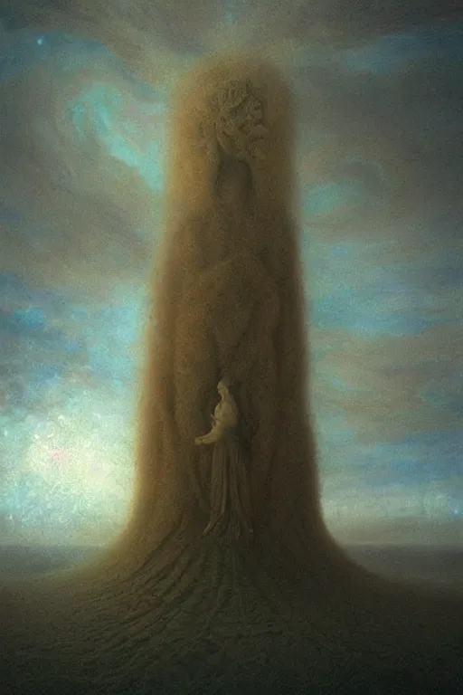 Prompt: a tall terrifying humanoid beast looming over a tiny human in a surreal landscape at dusk, surreal, epic lighting, agostino arrivabene