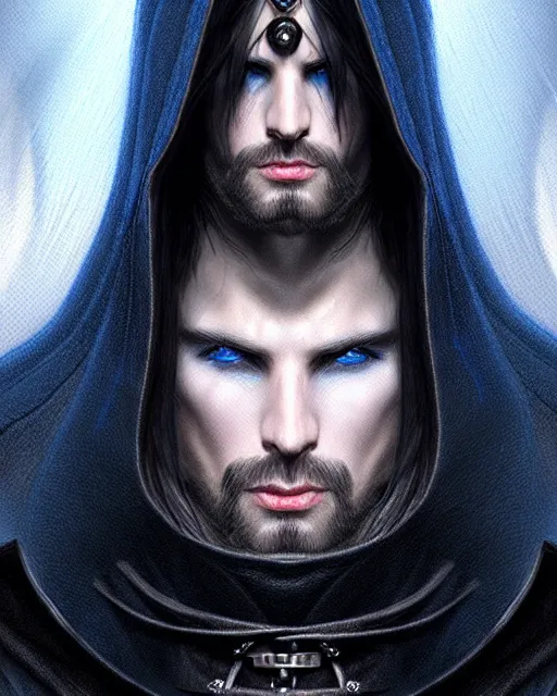 Image similar to realistic male mage face portrait attacking, long black hair blue eyes wearing leather mantle gothic navy cloak with leather details, cliffside town, fantasy character portrait, ultrarealistic, extreme intricate details, elegant, cinematic lighting, highly detailed, artstation, dnd art, cgsociety, sharp focus, beautiful digital painting by artgerm, gerald brom, wlop, alphonse mucha