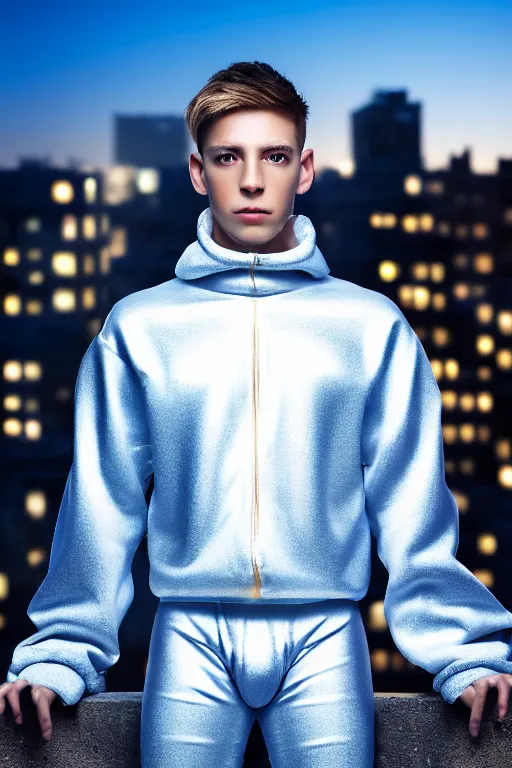 Image similar to un ultra high definition studio quality photographic art portrait of a young man standing on the rooftop of a british apartment building wearing soft baggy padded silver iridescent pearlescent clothing. three point light. extremely detailed. golden ratio, ray tracing, volumetric light, shallow depth of field. set dressed.