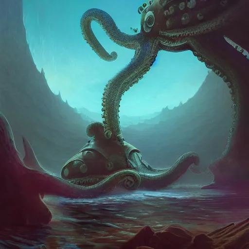 Prompt: A surreal and ethereal underwater landscape with a giant octopus, sci fi, trending on artstation, highly detailed, by Mandy Jurgens and Dang My Linh