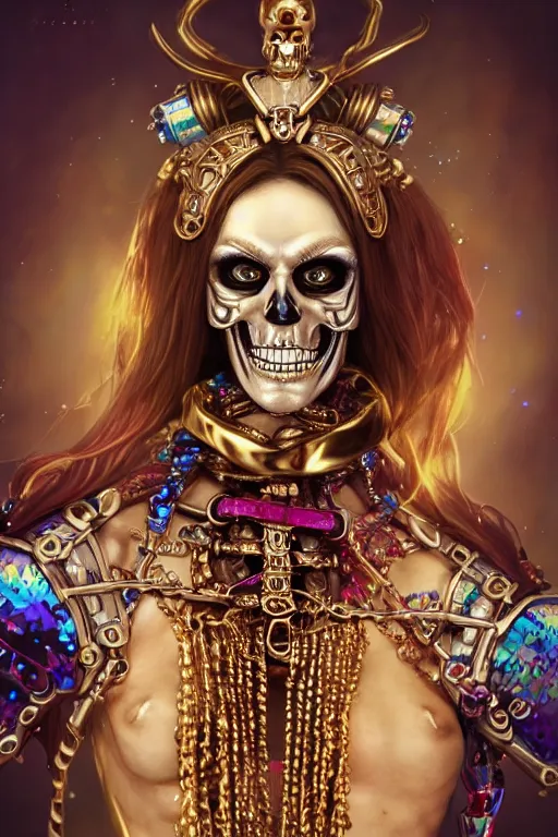 Image similar to androgyne lich skeleton made of iridescent metals and shiny gems covered with blood, long red hair, golden necklace, skeleton inspired by ross tran and wlop and masamune shirow, ultra realistic, concept art, intricate details, highly detailed, photorealistic, octane render, 8 k, unreal engine. dnd art by artgerm and greg rutkowski and alphonse mucha