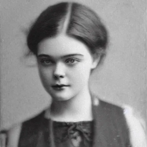 Image similar to headshot edwardian photograph of middle - aged elle fanning, realistic face, 1 9 0 0 s, 1 9 1 0 s, 1 9 2 0 s, grainy, victorian, detailed, slightly blurry