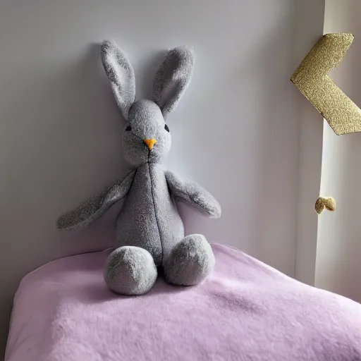 Prompt: flopsy the grey stuffed bunny comes to life in a 9 year old girls bedroom, photo realistic, fluffy, cute, adorable, no pink, gold wall, bunting