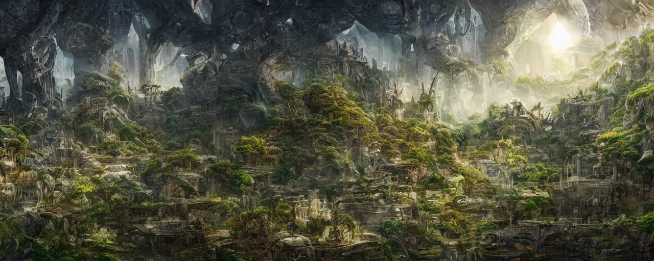 Prompt: internal Cristal City in the internal earth with lots of vegetation and beautiful strange animals. by steven spielberg, epic composition, sci-fi, intricate, elegant, highly detailed, digital painting, sharp focus