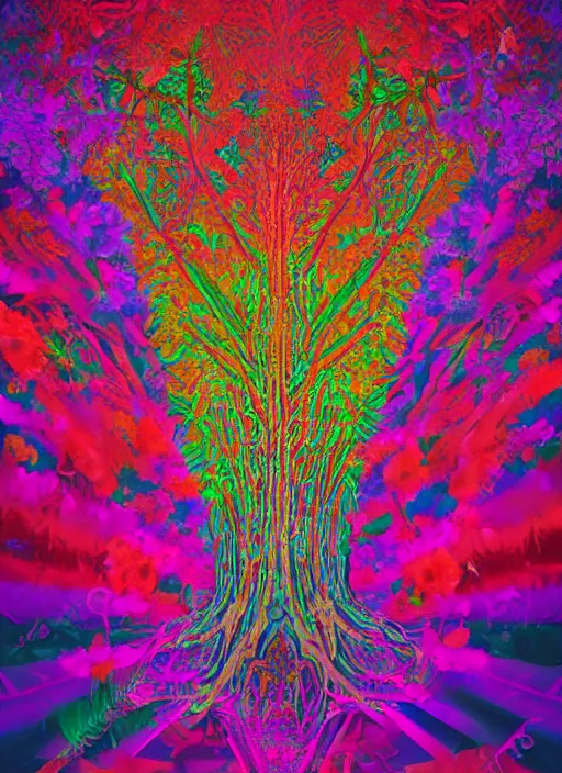 Image similar to a psychedelic totem made of trees and multicolor flowers, fulcolor octane remder, cinematic