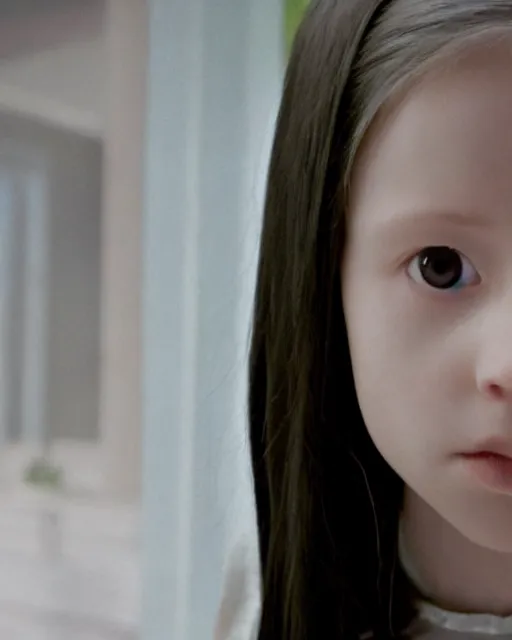 Image similar to Film still of the Little girl from the movie Ring, white skin, long black hair