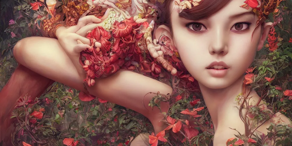 Prompt: breathtaking detailed concept art painting of the girl with rafflesia arnoldii flowers, saint, with anxious, piercing eyes, ornate background, amalgamation of leaves and flowers, by Hsiao-Ron Cheng, James jean, Miho Hirano, Hayao Miyazaki, extremely moody lighting, 8K