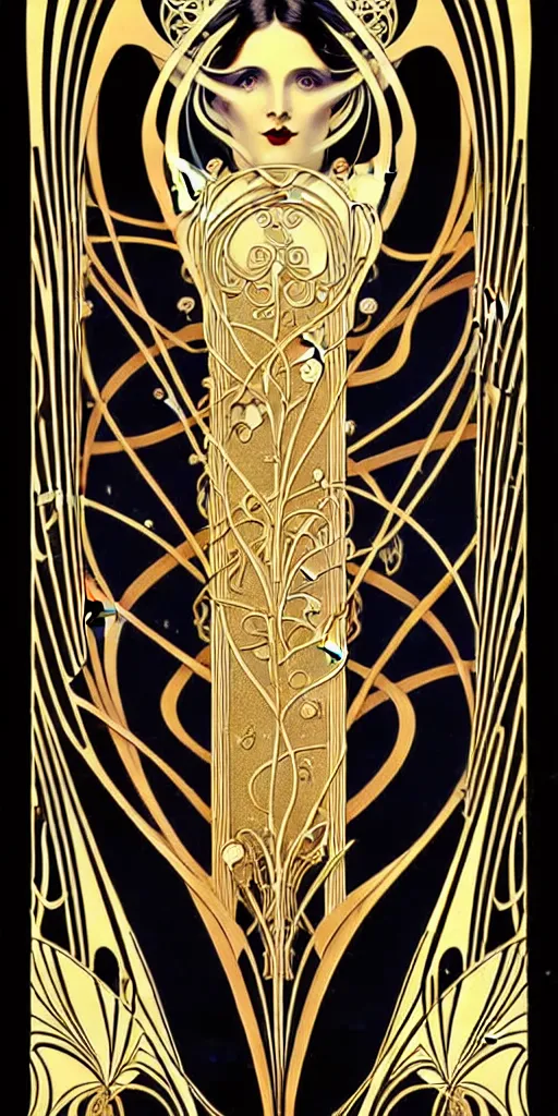 Image similar to the source of future growth dramatic, elaborate emotive Art Nouveau styles to emphasise beauty as a transcendental, seamless pattern, symmetrical, large motifs, hyper realistic, 8k image, 3D, supersharp, Art nouveau curves and swirls, metallic reflective surfaces, glittery iridescent and black colors with gold accents, perfect symmetry, iridescent, High Definition, sci-fi, Octane render in Maya and Houdini, light, shadows, reflections, photorealistic, masterpiece, smooth gradients, high contrast, no blur, sharp focus, photorealistic, insanely detailed and intricate, cinematic lighting, Octane render, epic scene, 8K