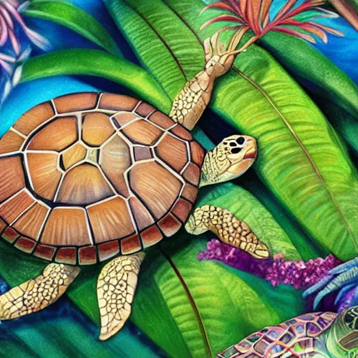 Prompt: turtle with beautiful spiral patterns and gemstones on shell surrounded by tropical plants detailed magical realism painting 4 k