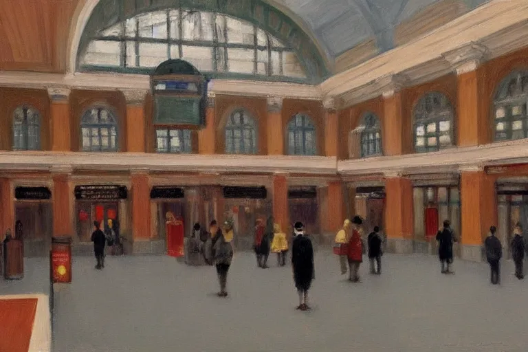 Prompt: inside Central station, in the style of Edward Hopper