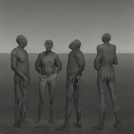 Image similar to a group of men having a beer by artist zdzisław beksinski